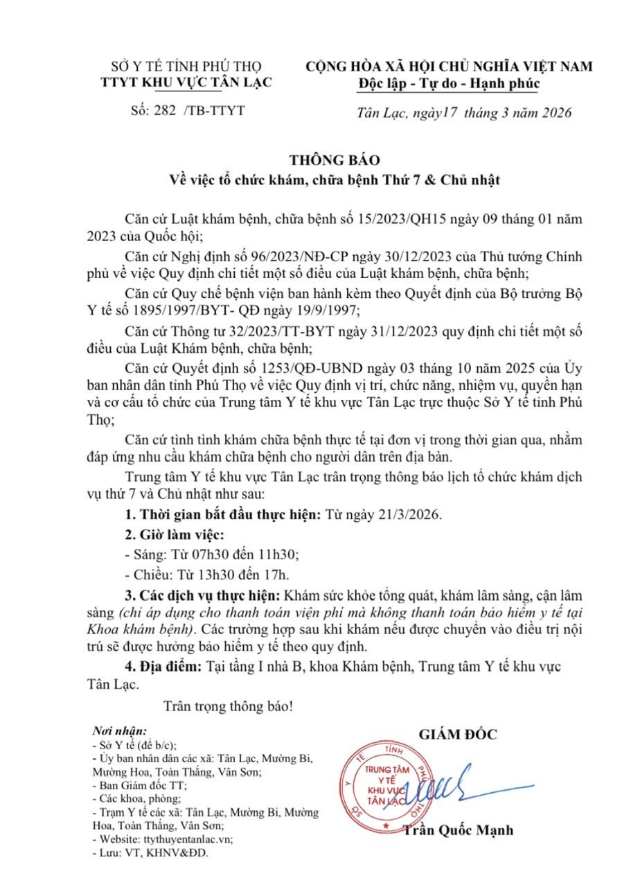 Thông báo về việc tổ chức khám, chữa bệnh Thứ 7 & Chủ nhật